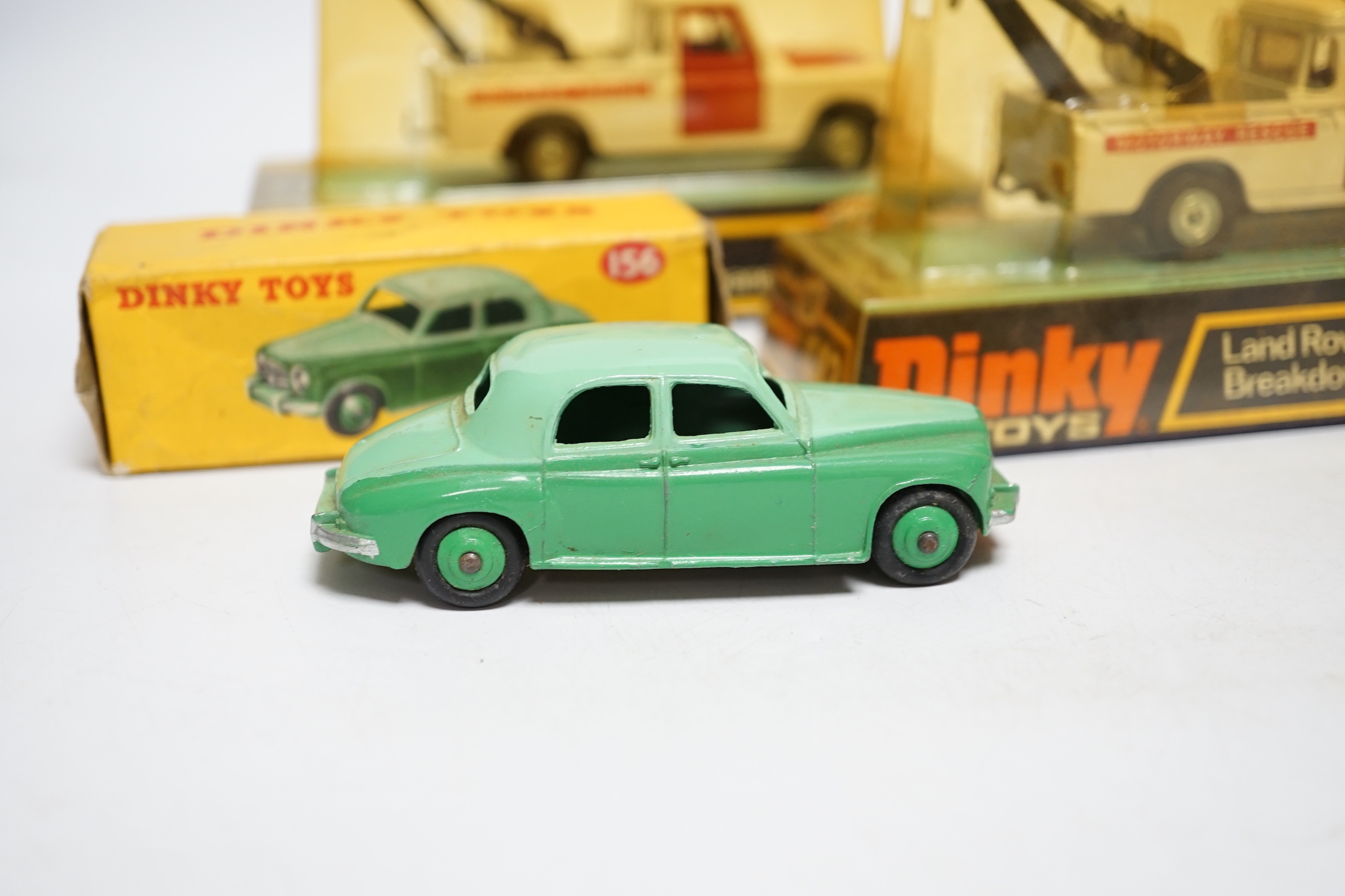 Five boxed Dinky Toys; Rover 75 Saloon (156) in correct two-tone green colour spot box, two Police Patrol Range Rover (254) and two Land Rover Breakdown Crane (442)